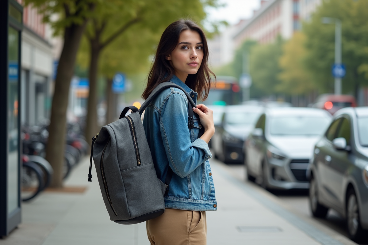 Jeune femme ajustant un sac à dos en ville