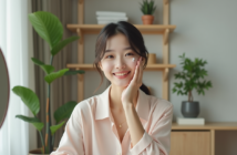 Jeune femme koreenne appliquant soin visage dans sa chambre