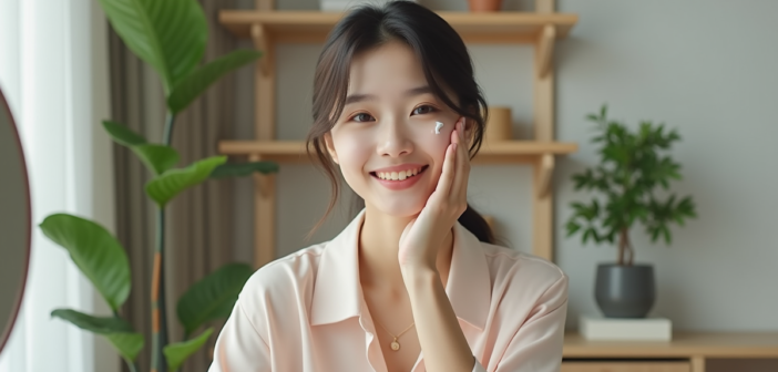 Jeune femme koreenne appliquant soin visage dans sa chambre