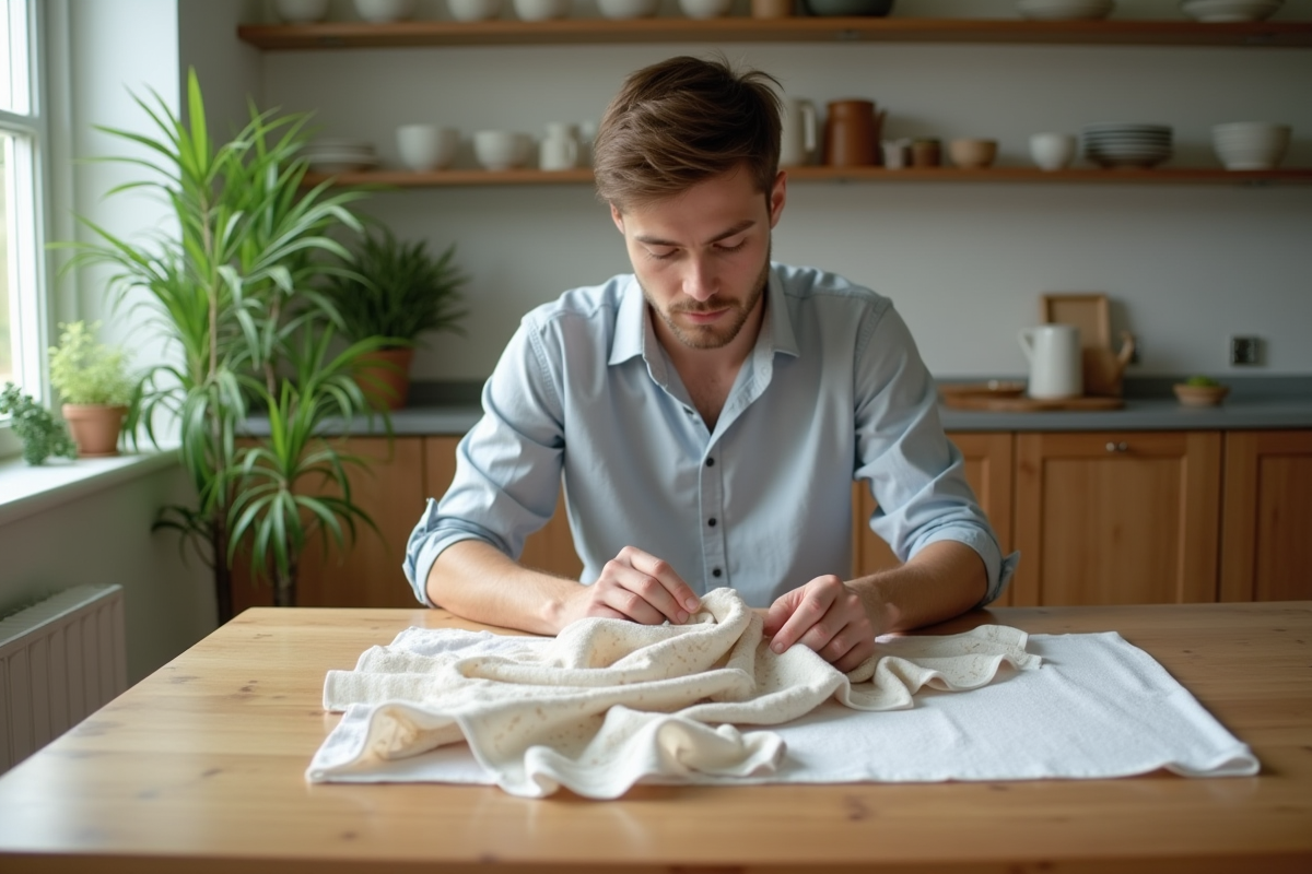 Jeune homme étalant une écharpe en soie sur une table de cuisine