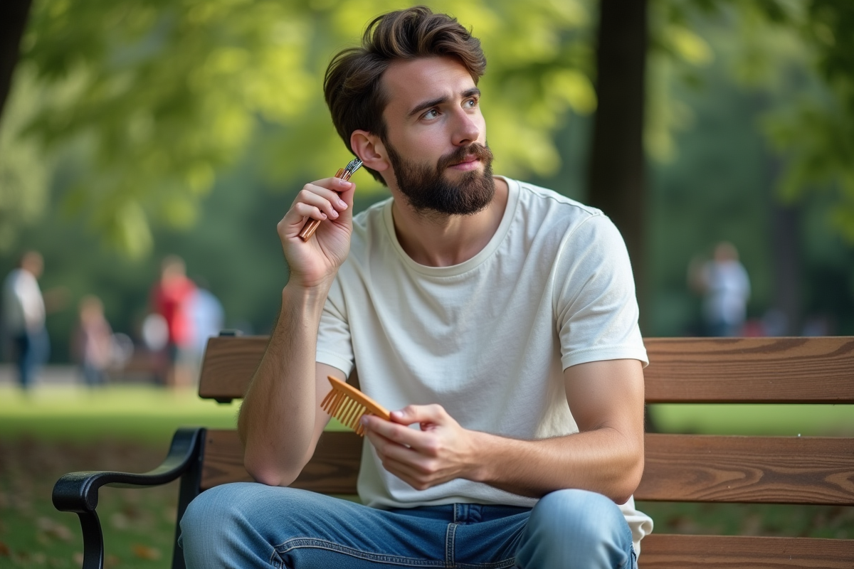 Jeune homme en extérieur se coiffant la barbe avec un peigne