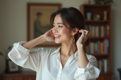 Portrait d'une femme souriante en blouse blanche élégante