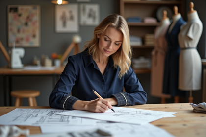 Femme en atelier de mode esquissant un design