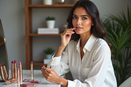 Femme appliquant un rouge à lèvres dans un vanity moderne