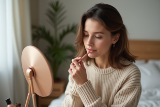 Femme appliquant un crayon à lèvres corail dans sa chambre lumineuse