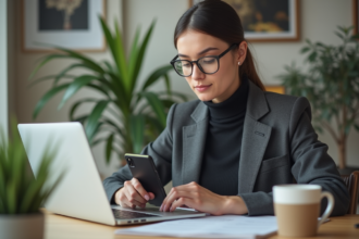 Femme professionnelle utilisant son ordinateur dans un bureau moderne