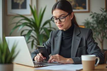 Femme professionnelle utilisant son ordinateur dans un bureau moderne