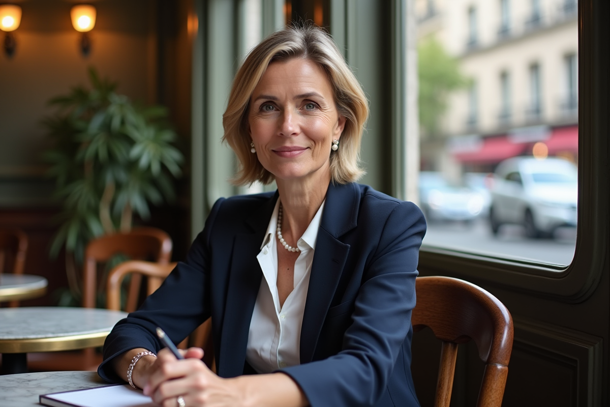 Femme confiante assise dans un café parisien en tenue sophistiquée