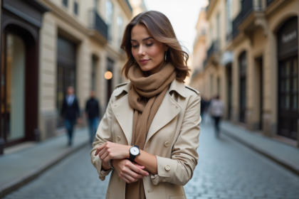 Femme élégante en trench beige ajustant sa montre dans une rue parisienne
