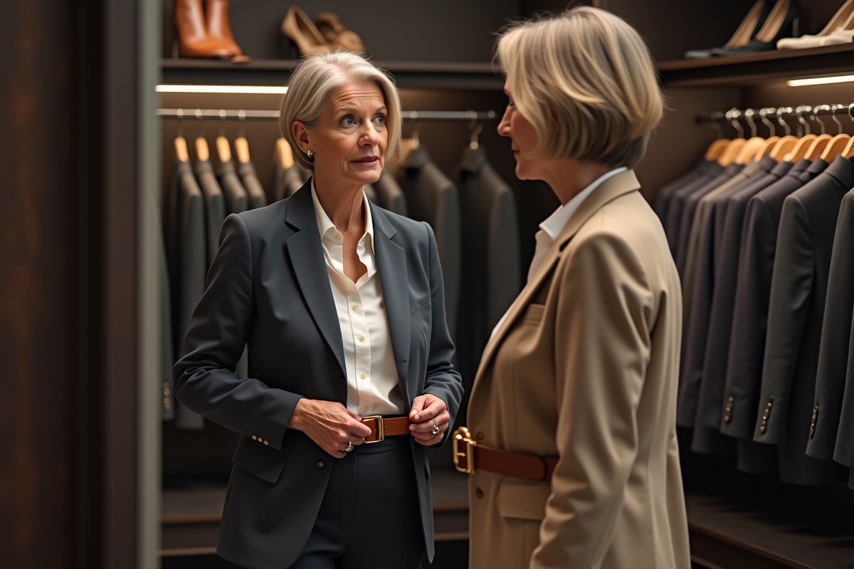 Femme ajustant une ceinture en miroir dans un dressing moderne