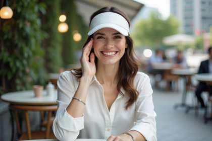 Femme souriante ajustant un visor blanc en extérieur