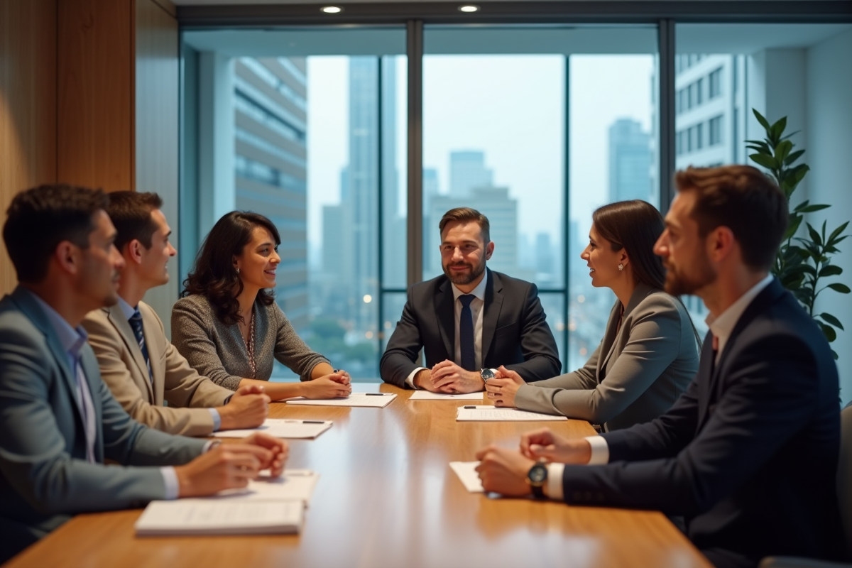 Groupe divers de professionnels en réunion moderne