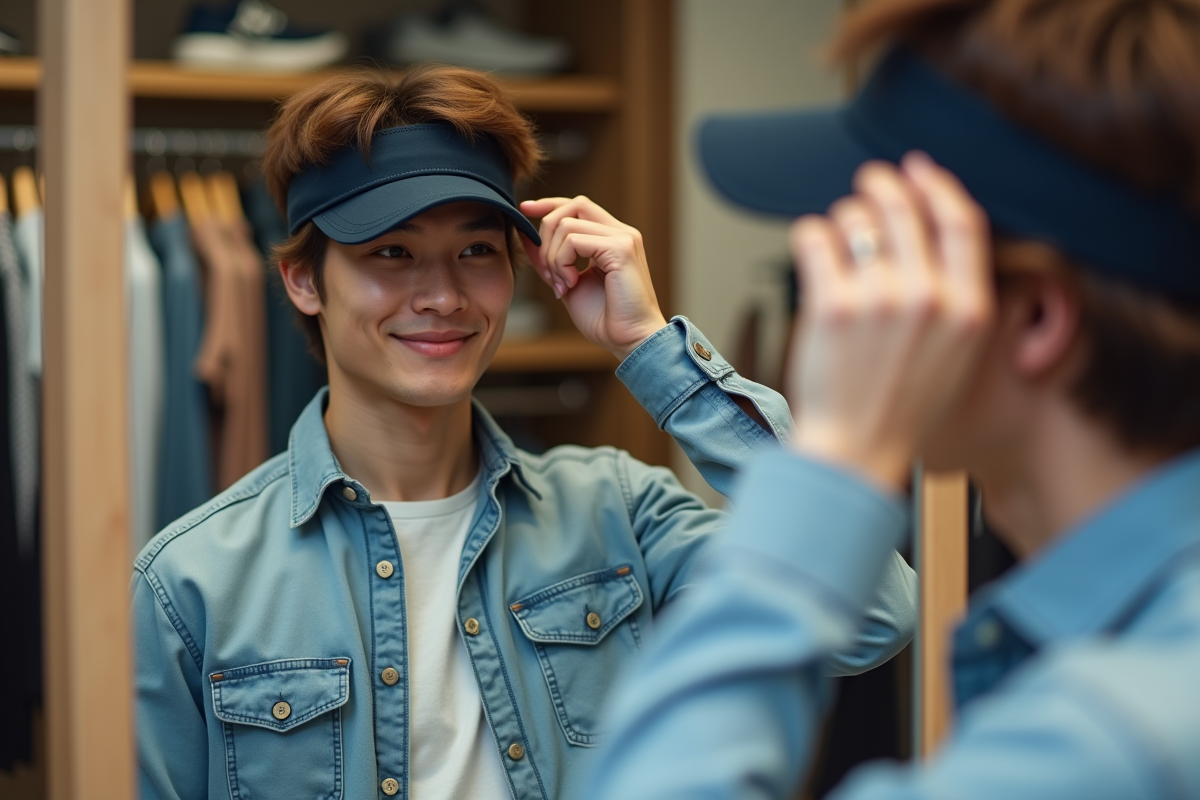 Jeune homme regardant dans un miroir ajustant son visor