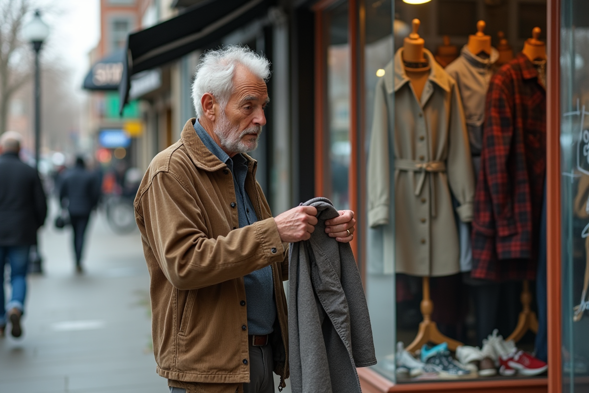 Homme âgé inspectant un vêtement déchiré devant un magasin de seconde main