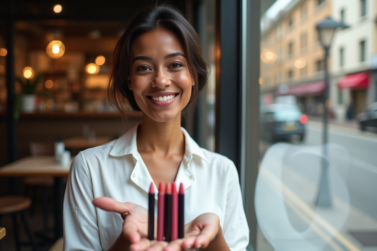 Jeune femme noire souriante avec crayons à lèvres devant un café en ville