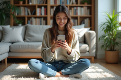 Jeune femme utilisant une appli de mode d'occasion dans un salon lumineux