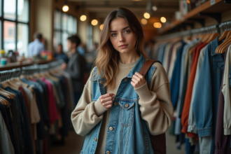 Jeune femme examine un blouson en denim usé dans une boutique vintage