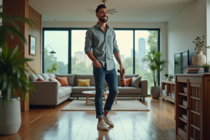 Jeune homme décontracté dans un salon moderne avec chaussettes colorées