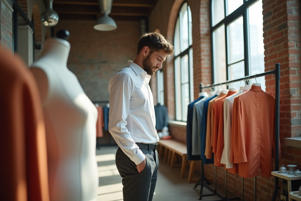 Jeune homme examinant des prototypes de mode