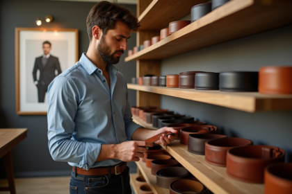 Jeune homme choisissant une ceinture en boutique élégante