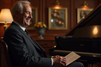 Chanteur homme en costume dans un studio musical élégant