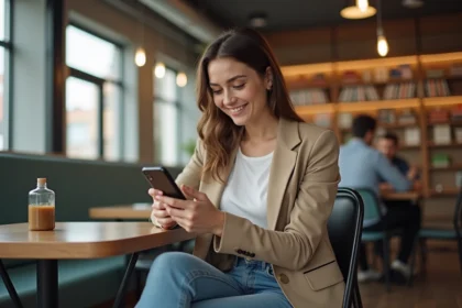 Jeune femme souriante utilisant une application de conversion de tailles