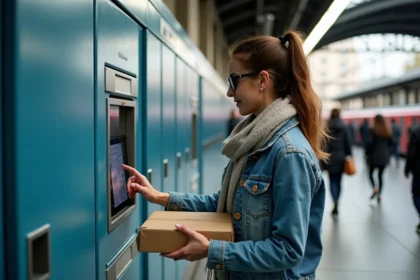 Femme utilisant un casier automatique en gare urbaine