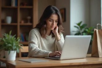 Femme concentrée vérifiant des tableaux de tailles sur son ordinateur
