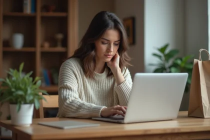 Femme concentrée vérifiant des tableaux de tailles sur son ordinateur