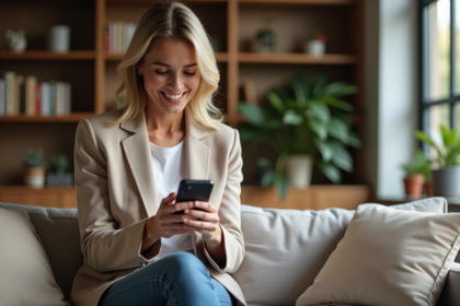 Femme souriante utilisant son smartphone dans un salon moderne