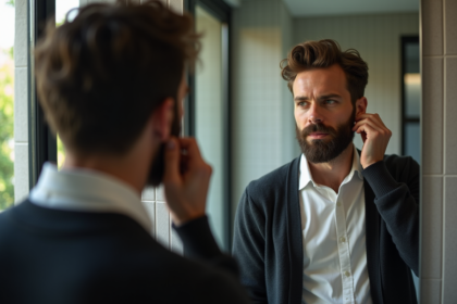 Homme avec barbe soignee dans salle de bain moderne
