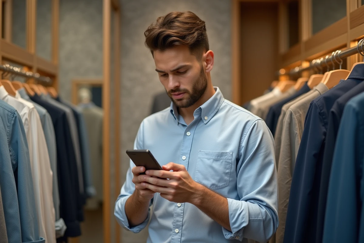 Jeune homme comparant étiquettes de chemises en cabine d