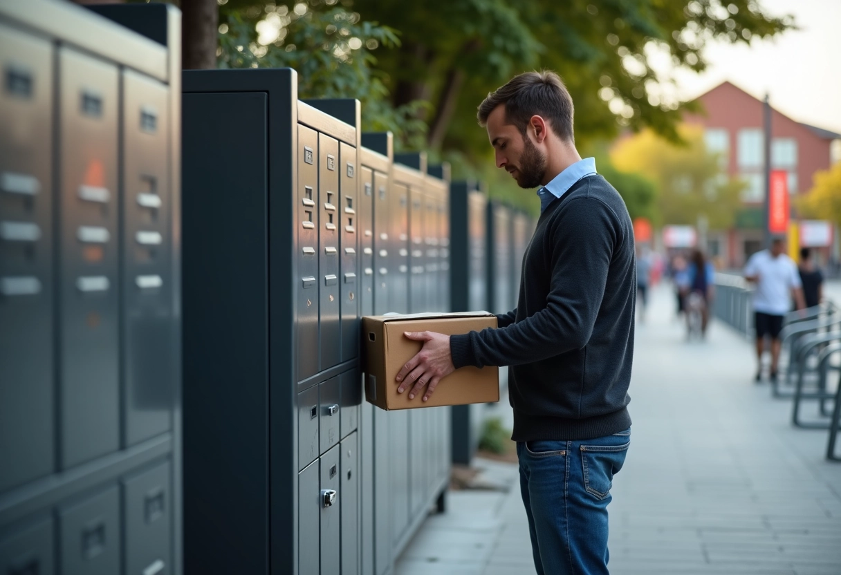 Homme récupérant un colis dans un centre commercial extérieur