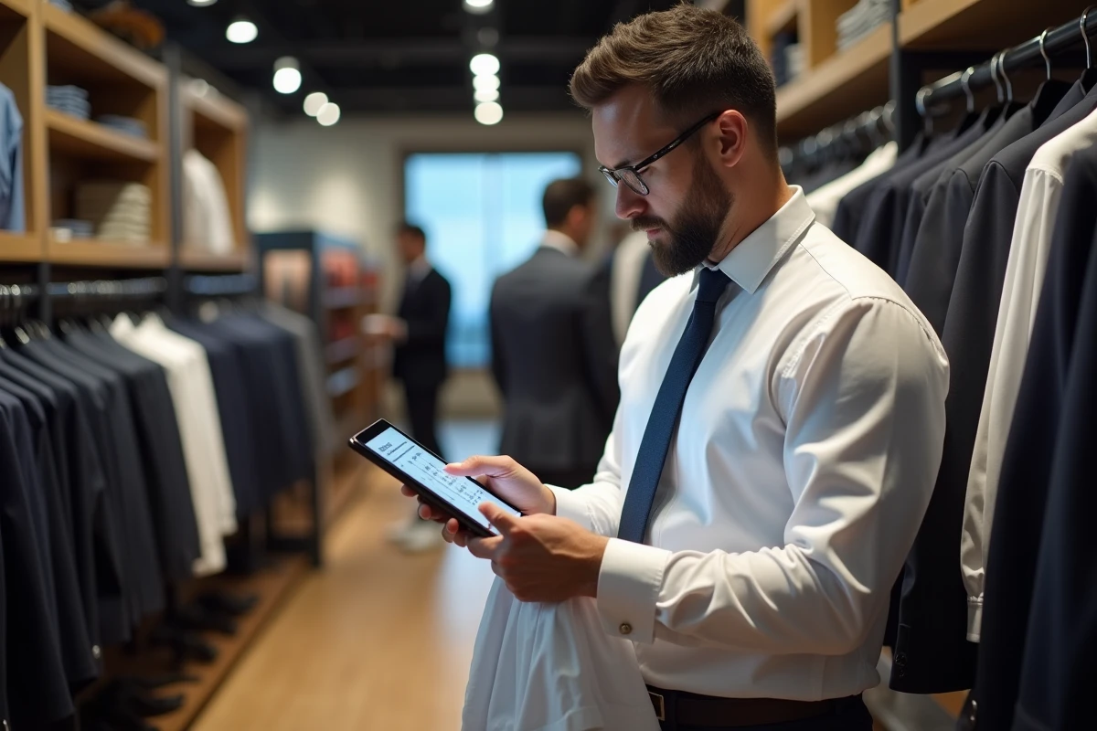 Homme d affaires comparant une étiquette de chemise avec un tableau de conversion