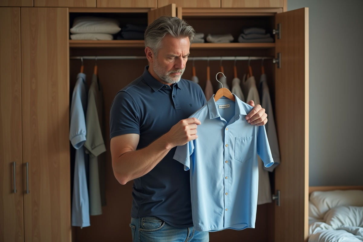 Homme vérifiant les étiquettes de chemises dans sa chambre