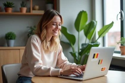 Jeune femme souriante avec ordinateur dans un intérieur lumineux