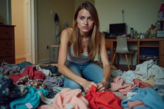 Jeune femme triant des vêtements colorés dans sa chambre