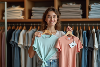 Jeune femme souriante dans une boutique de vêtements avec t-shirts
