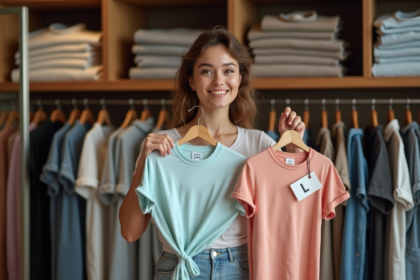 Jeune femme souriante dans une boutique de vêtements avec t-shirts