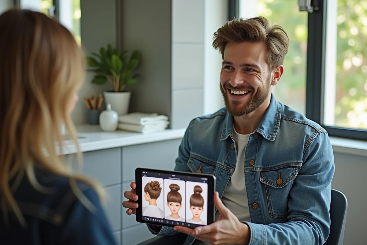 Jeune homme avec tablette et coiffeur dans salle de bain