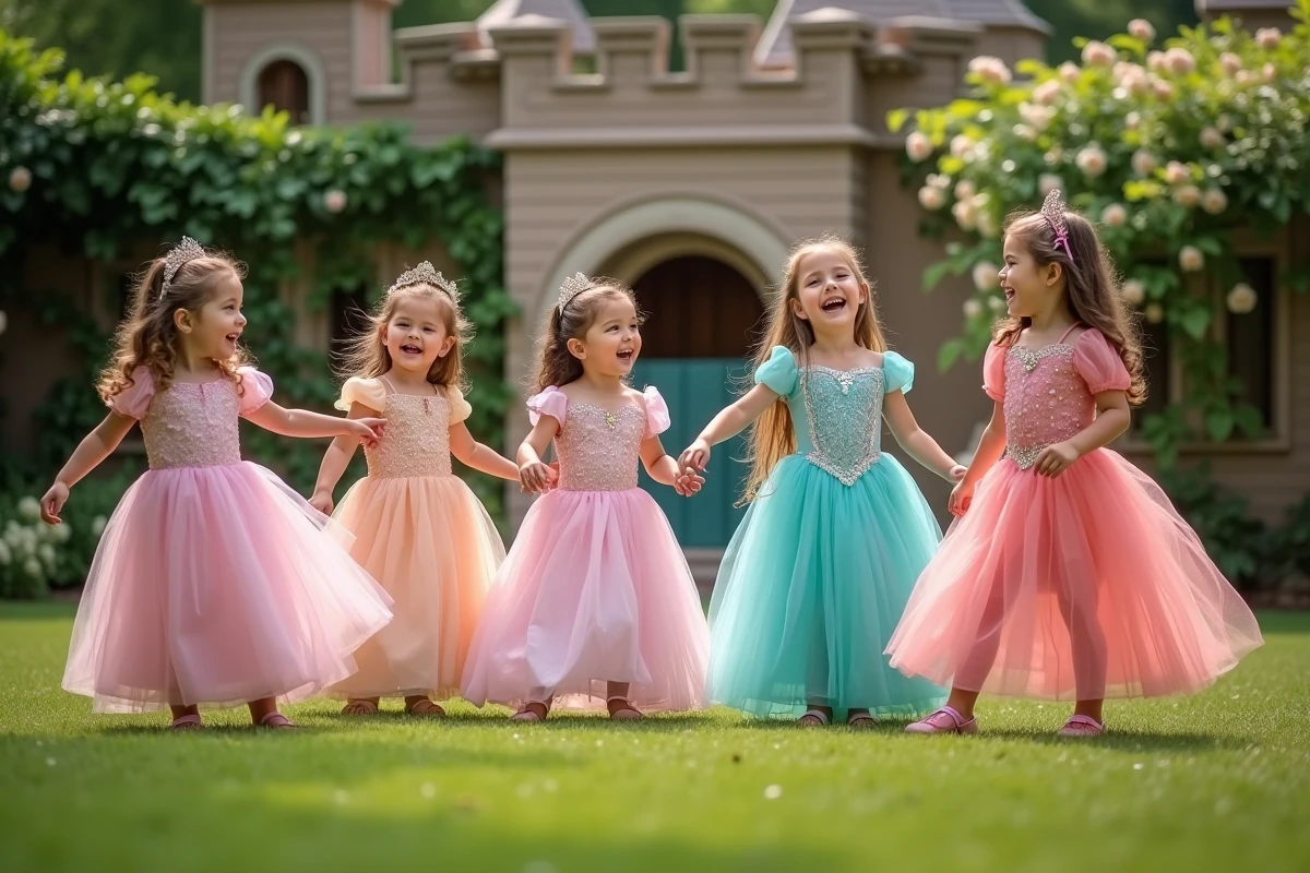 Groupes de filles en robes de princesses dans un jardin