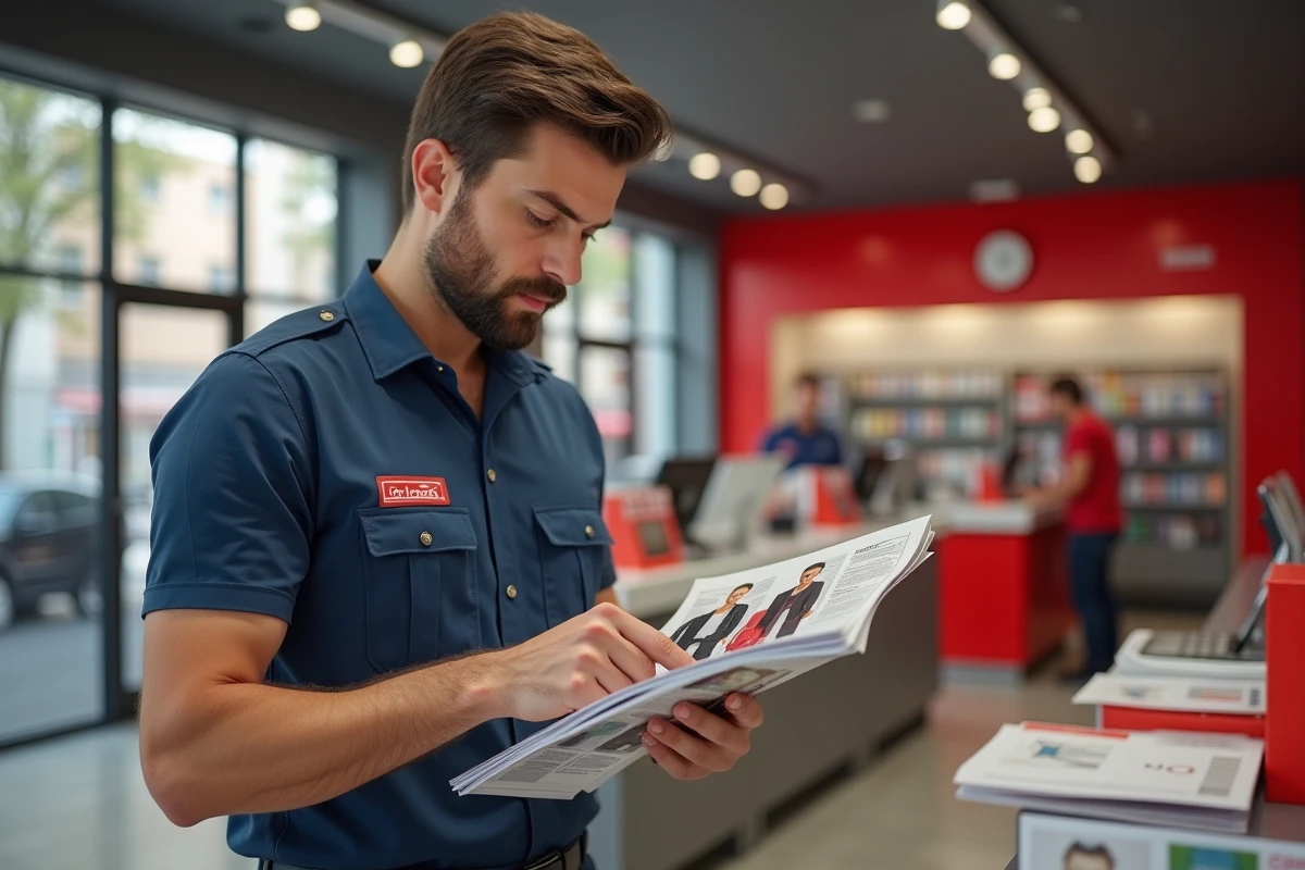 Facteur en uniforme consultant un catalogue de vêtements dans une poste