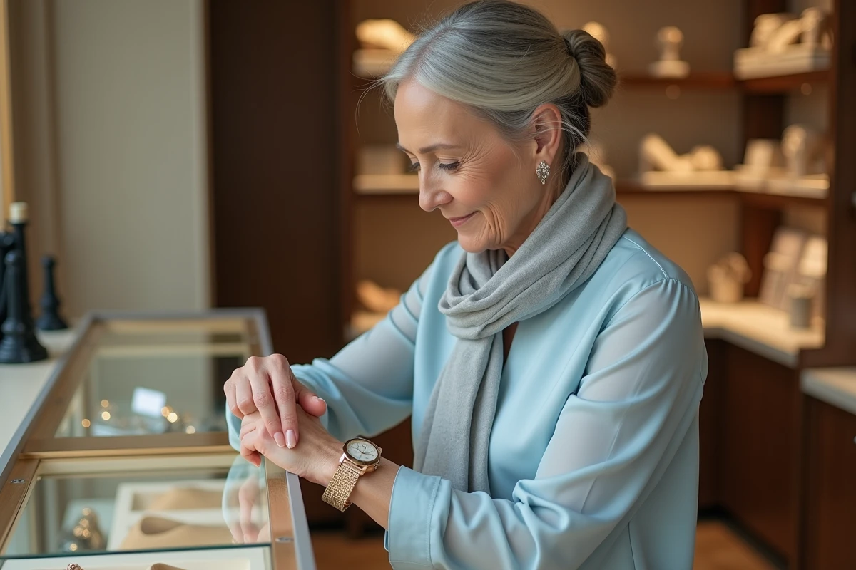 Femme mature regardant une montre dans une boutique chic