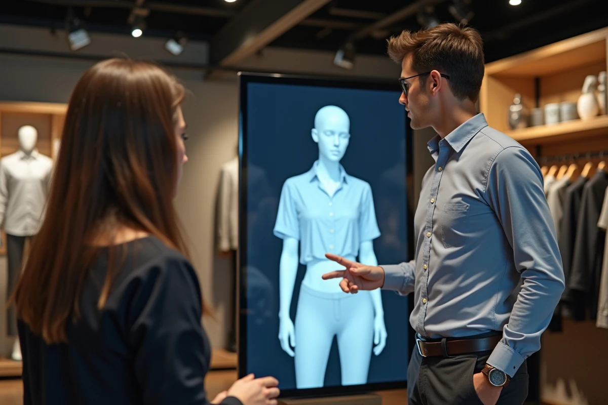 Jeune homme montrant la visualisation 3D en boutique