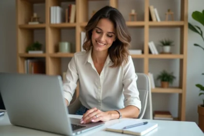 Femme en blouse et jeans vérifiant son solde vêtements sur un ordinateur