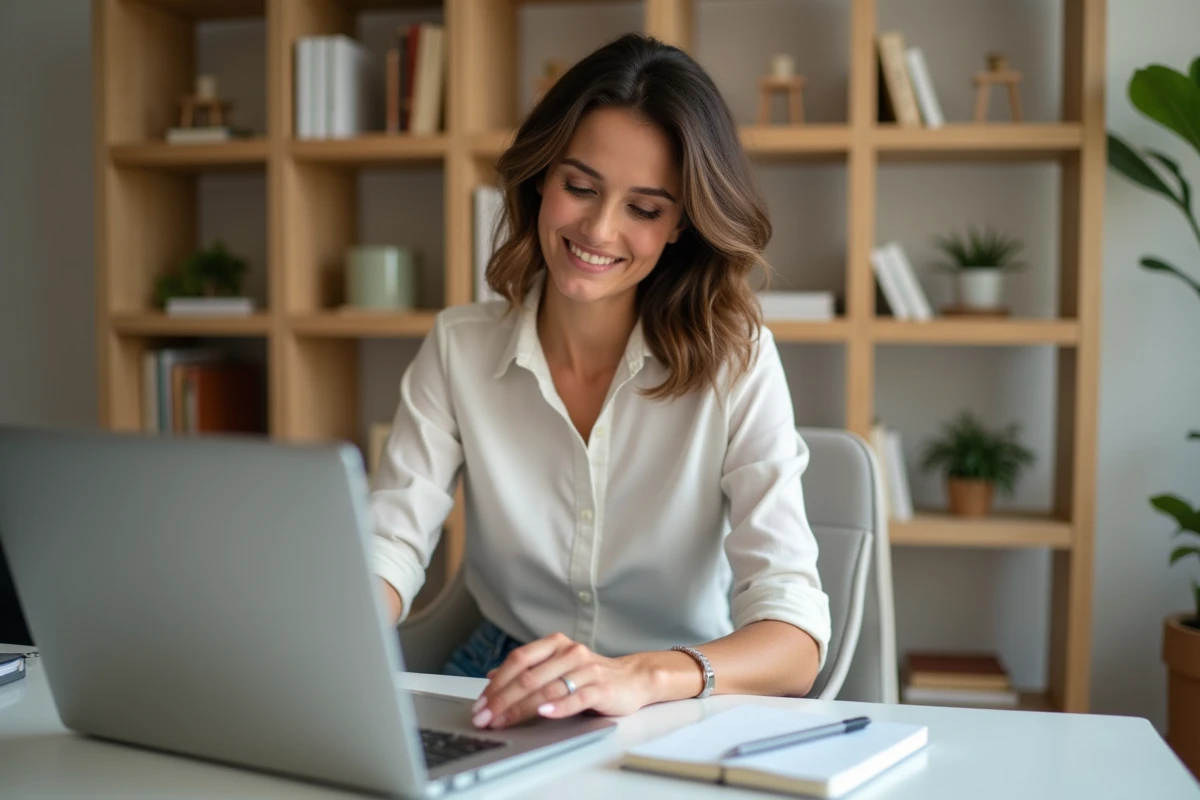Femme en blouse et jeans vérifiant son solde vêtements sur un ordinateur