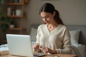 Femme mesurant son corps avec un ruban de couture dans une chambre cosy