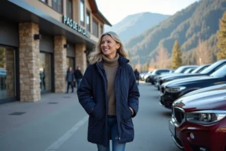 Femme en parka navy sortant de sa voiture à Pas de la Case