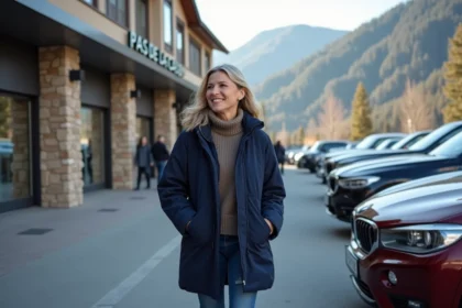Femme en parka navy sortant de sa voiture à Pas de la Case