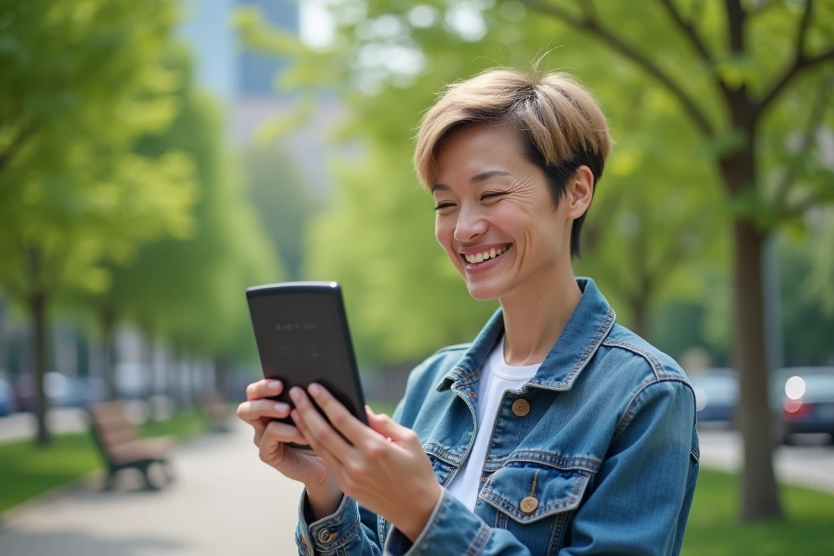 Femme souriante regardant son reflet dans un parc urbain